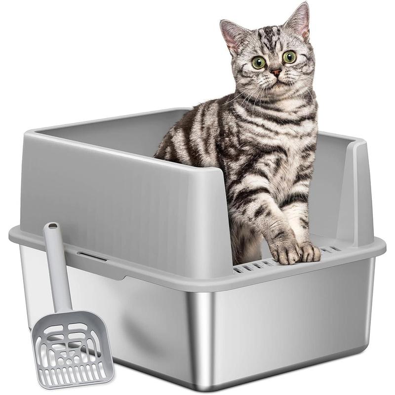 TikTok Shop Stainless steel litter box cat litter box kitty litter box 17 L x 13.3 W x 11.8 H litter box for kitten cats easy cleaning