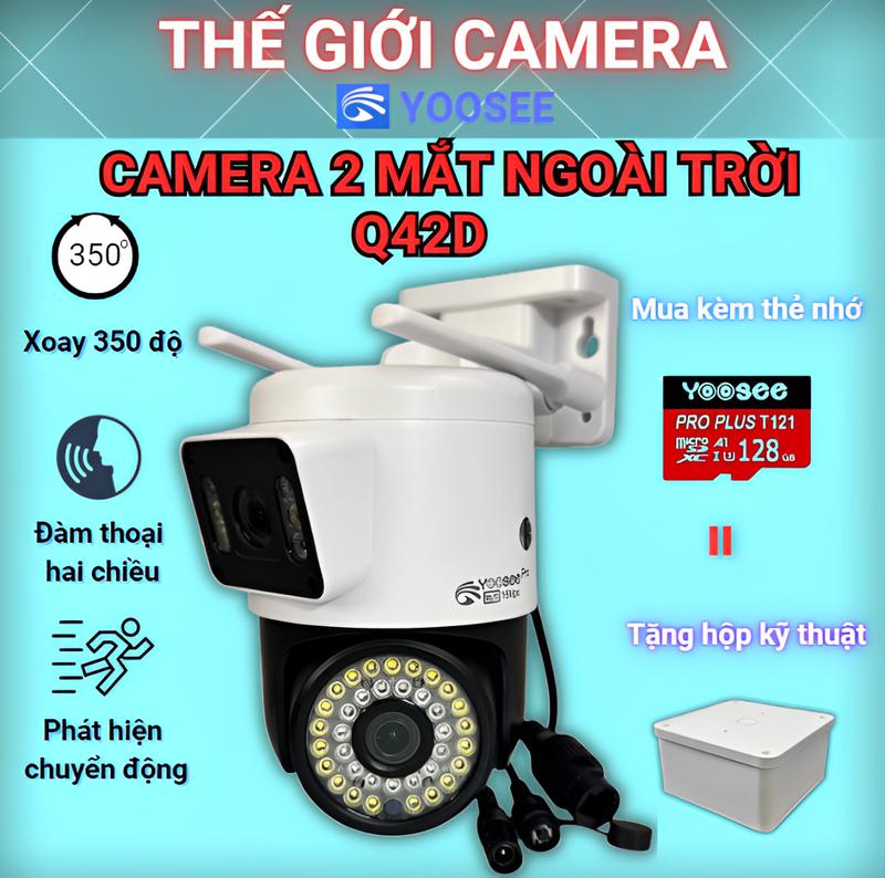 (Tặng Hộp KT khi Mua Cam kèm thẻ nhớ ) CAMERA YOOSEE Q42D - 2 MẮT XEM 2 KHUNG HÌNH - NGOÀI TRỜI CHỐNG NƯỚC - BÁO ĐỘNG CHỐNG TRỘM - XOAY 350 ĐỘ - ĐÀM THOẠI 2 CHIỀU