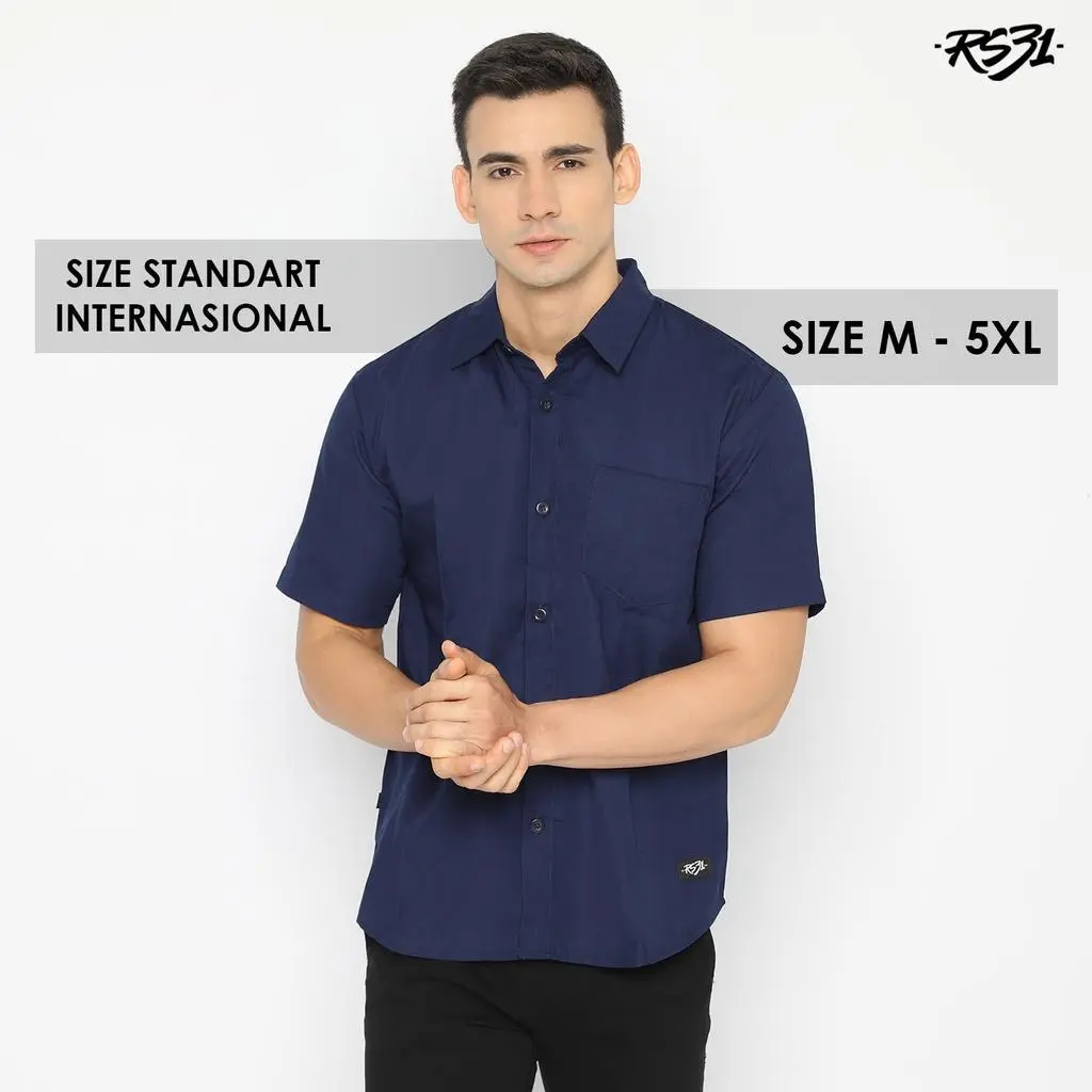 RS31 Baju Kemeja Atlanta Shirt Navi Cowok Jumbo - Kemeja Pria Polos Lengan Pendek Warna Biru Gelap, Baju Kerja, Kantor Ukuran Super Big Size/Jumbo Navy