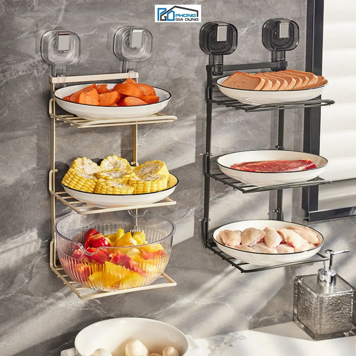 Kệ để đồ nhà bếp 3 tầng giá để đồ ăn và đồ dùng đa năng dán tường hít chân không Kitchen