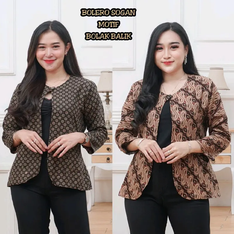 Outer Wanita Blezer Kerja Batik Bolak Balik 2 Motif 2 in 1 Real Pict Kancing Blazer Atasan Hitam Casual Kotak Panjang Baju 6