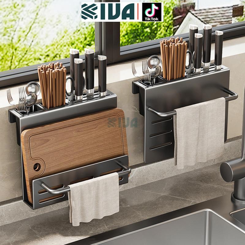 Kệ để dao thớt KIVA đa năng treo tường, đựng đũa, muỗng thìa, chất liệu thép Carbon, lắp đặt 2 cách.