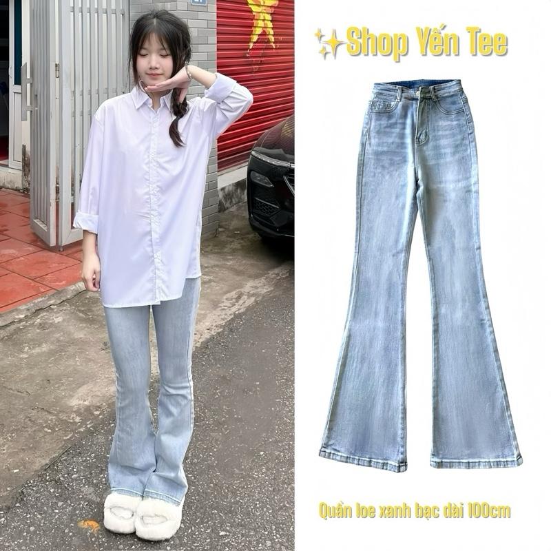 Quần jeans loe xanh ánh bạc nhẹ cạp cao 1 cúc Yến Tee , from loe nhẹ dễ mặc đi học , đi chơi chất đẹp Denim Women Nữ Ong Pants quần  jean Có Túi quần  ống  loe  vintage