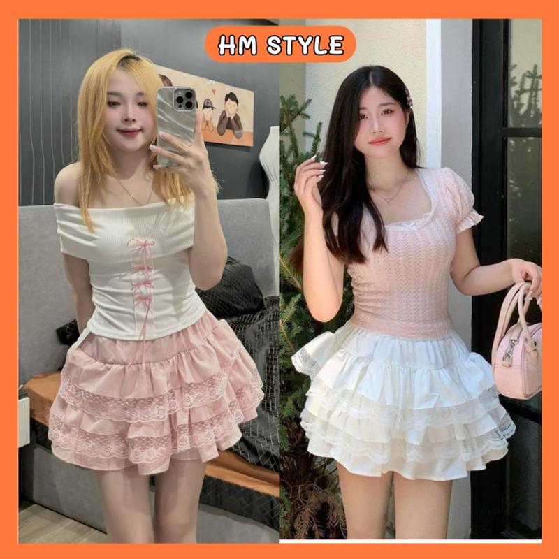  Chân váy nữ ren xếp tầng dáng xòe lưng chun cạp cao váy chữ A dáng ngắn phong cách tiểu thư sexy CV390 