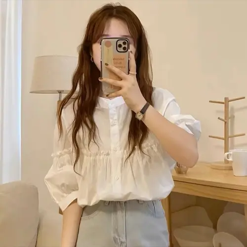 Áo kiểu sơmi babydoll cổ trụ tay bồng chất đũi xốp SM18