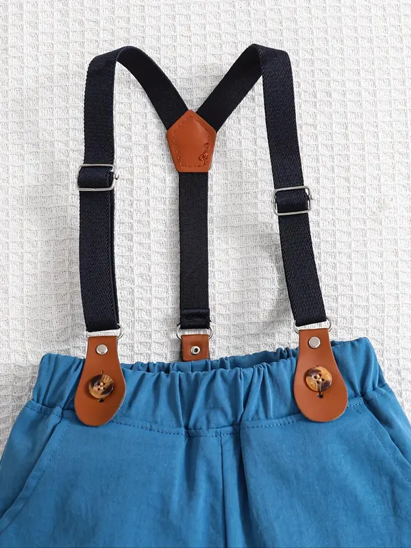 Toddler Boy's Leaf Print Short Sleeve Shirt & Suspender Shorts & Tie & Hat & Sunglasses Set, Summer Clothes for Kids 6