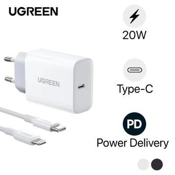 Combo sạc Ugreen PD 20W kèm cáp Type-C to Lightning MFI CD137 (chân không gập)