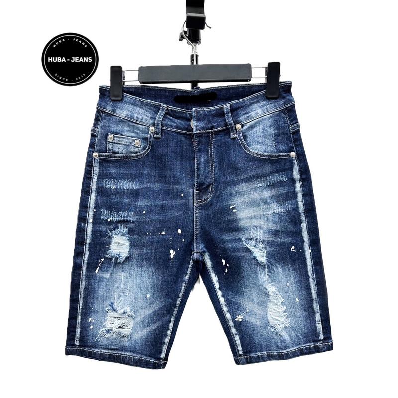 HUBA-JEANS Quần jean nam sort  PHOM ÔM ỐNG CÔN bluewash rách vá may lót Menswear Pants Có Túi Denim quầntàntật quần icon thông thường  có thể giặt máy
