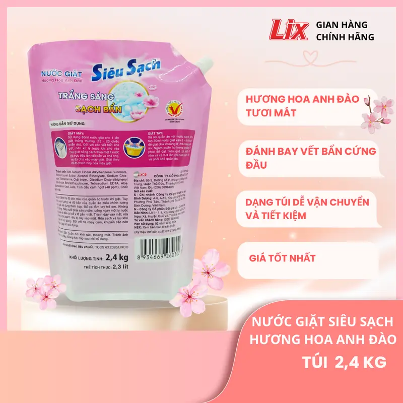 Nước giặt Lix Siêu sạch hương hoa anh đào túi 2.4Kg N2503 làm sạch cực nhanh vết bẩn, lưu hương dài lâu 1