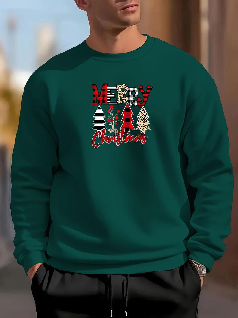 Product Introduction of Men's Christmas Tree & Letter Print Thermal Lined Sweatshirt, Regular Fit Casual Soft Comfy Long Sleeve Round Neck Pullover for Fall & Winter, Men's Clothes for Daily Wear 2