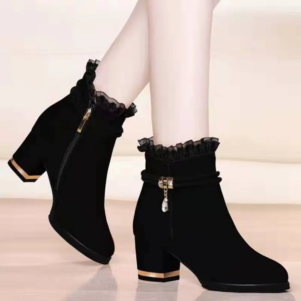Bốt Cao Gót, Cao Gót Chunky, Bốt Mỏng Mới, Bốt Nữ, Bốt Cao Gót, Bốt Ngắn Da Lộn, Thích Hợp Cho Mùa Thu Và Mùa Đông, Bốt Cao Đến Mắt Cá Chân, Dễ Phối Đồ