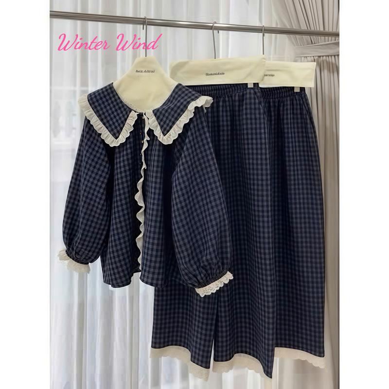 (Winter Wind) SÉT BỘ PYJAMA DÀI KẺ BÈO CÚC REN XINH SIU HÓT Win002 5