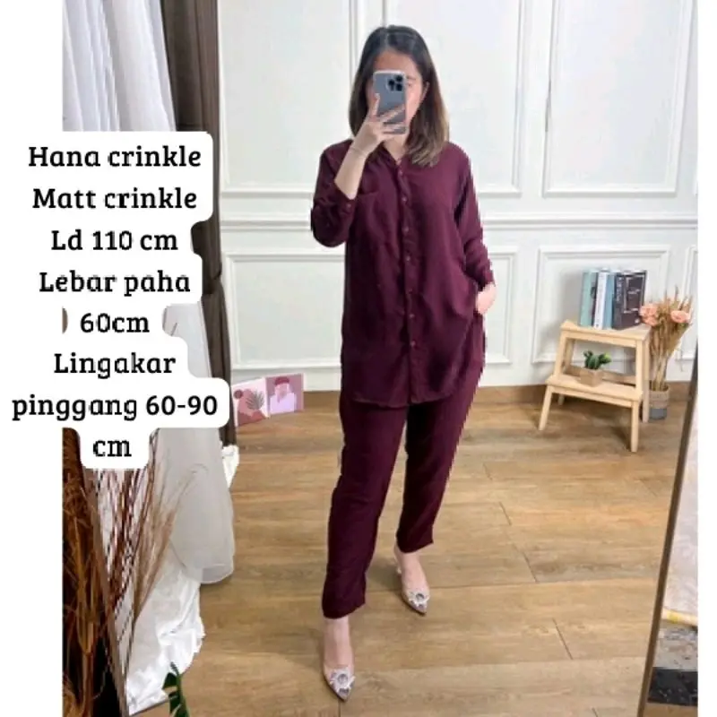 Hana Set Crincle Airflow Premium Wanita Celana Crinkle  Setelan Baju Kancing Panjang Kulot Dewasa 4