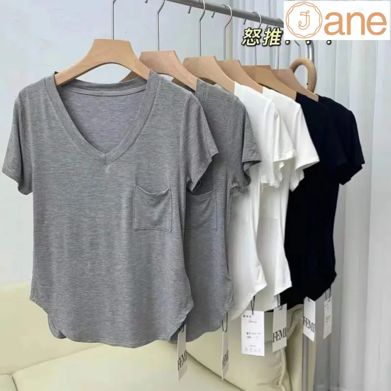 Modal cotton drape collarbone short sleeved T-shirt summer new loose casual V-neck top ins trend，Soft and skin friendly fabric, breathable and comfortable,