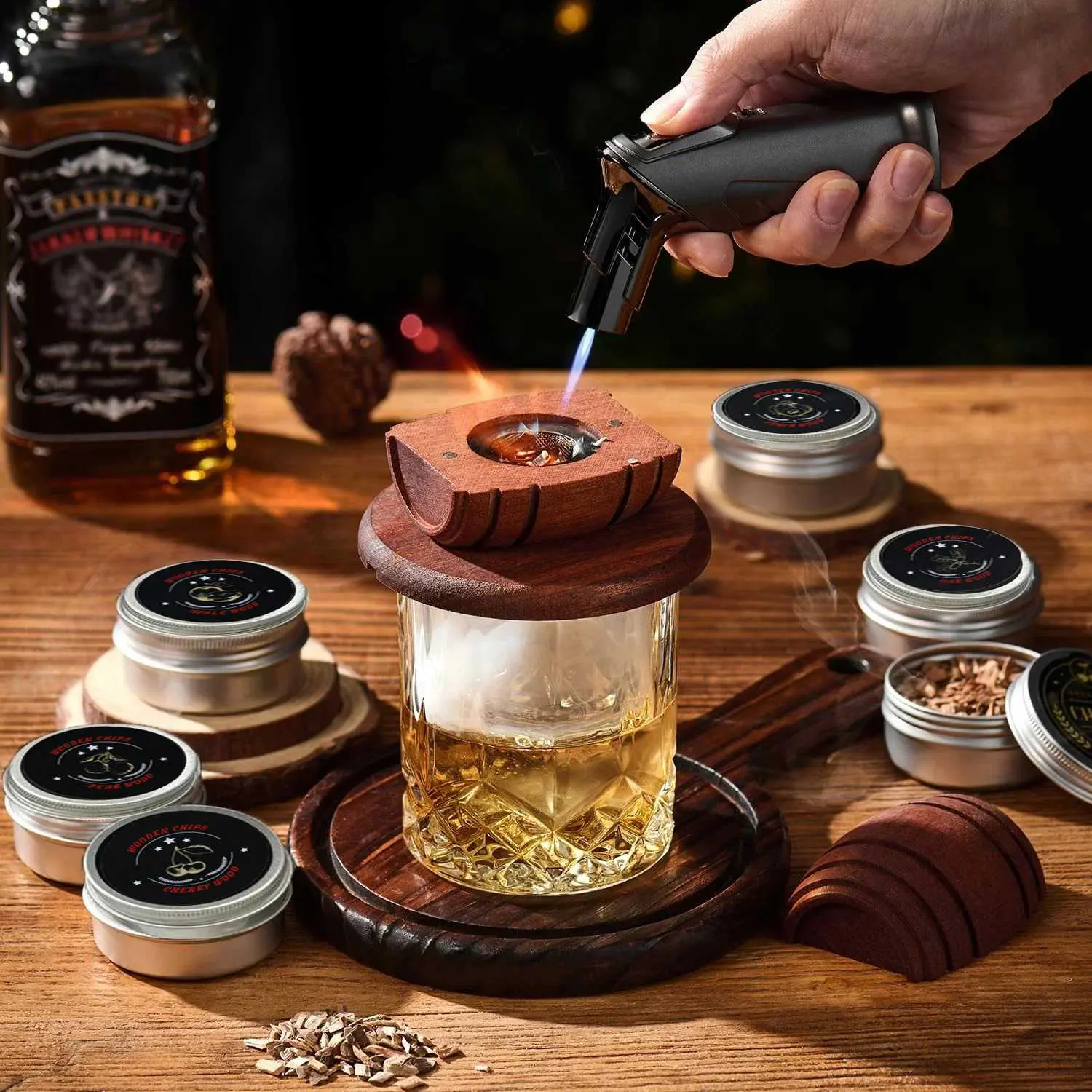 Set Alat Pengasap Cocktail Smoker Kit dengan 6 Wood Chips Alami – Aroma Smoky untuk Whisky, Cocktail & Kopi