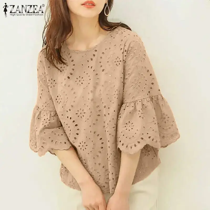 Áo Cánh Nữ, ZANZEA, Phong Cách Hàn Quốc, Thiết Kế khoét Trang Phục Đi Làm, Tay Áo 3 / 4, Cổ Tròn, Chắp Vá Ren, Áo Chui Đầu