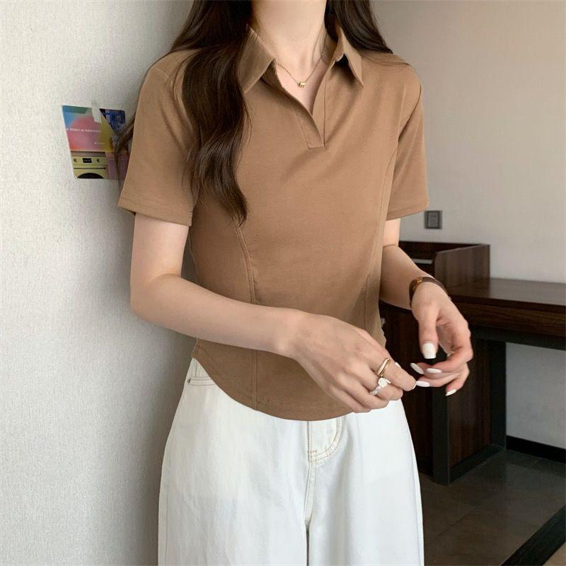 Product Introduction of Summer New Korean Style Polo Collar Solid Color Short-Sleeved Top for Women Slim Casual All-Match T-shirt Women 15