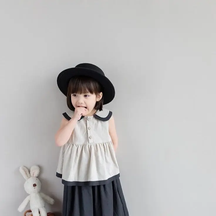 Set áo Sơ Mi cotton Lanh Cổ Búp Bê Không Tay Màu Trơn Kèm Quần ống rộng Thời Trang Mùa Hè Phong Cách Mới Dành Cho Bé Gái Cổ Tròn Shirt set đồ 3