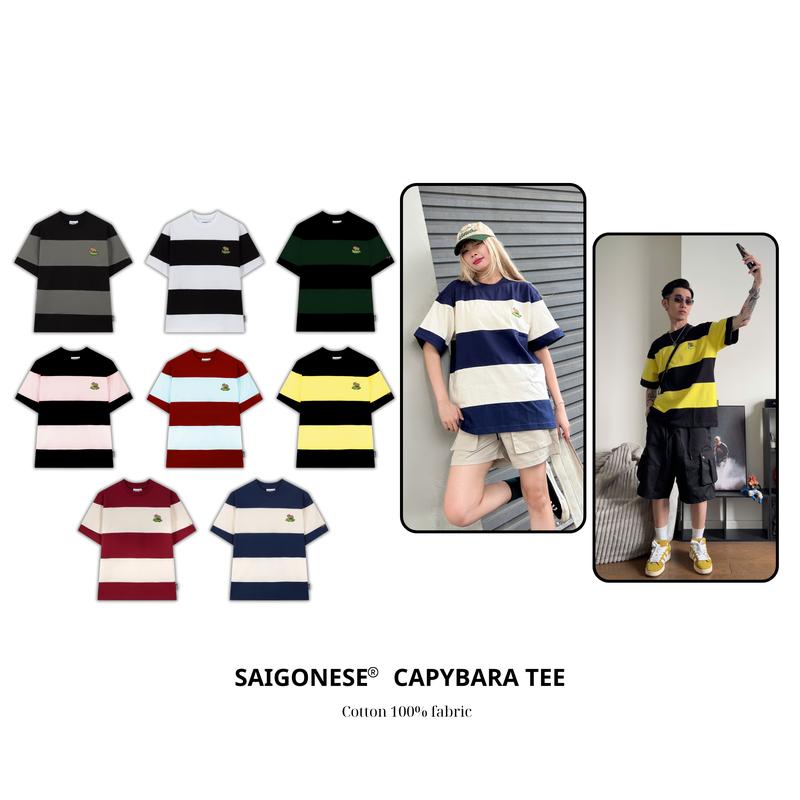 Áo Thun SAIGONESE Cổ Tròn Hinh Thêu Capybara Phối Thân Sọc Ngang Unisex Nam Nữ Menswear Cotton