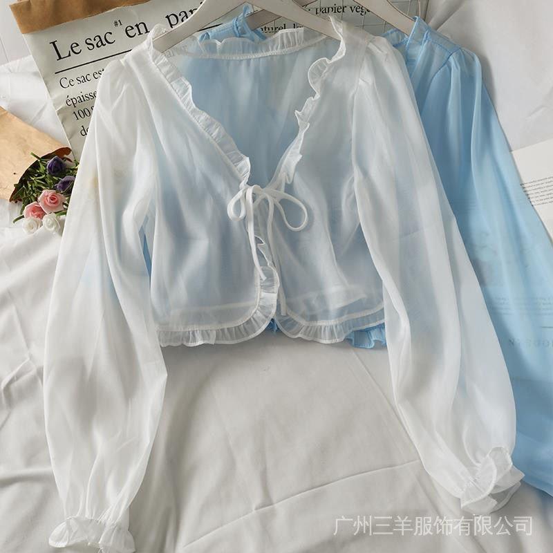 Áo Cardigan Voan ngắn với Nơ Buộc Dây Áo Khoác Mỏng