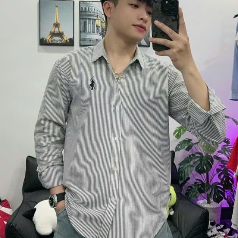  Sơ mi Nam Nữ Tay dài thêu logo chất vải cotton sọc xanh xám thêu logo vừa vặn chuẩn from sang trọng thanh lịch BOY PHỐ HOT TREND Menswear Áo Shirt Có Cổ Nhung 