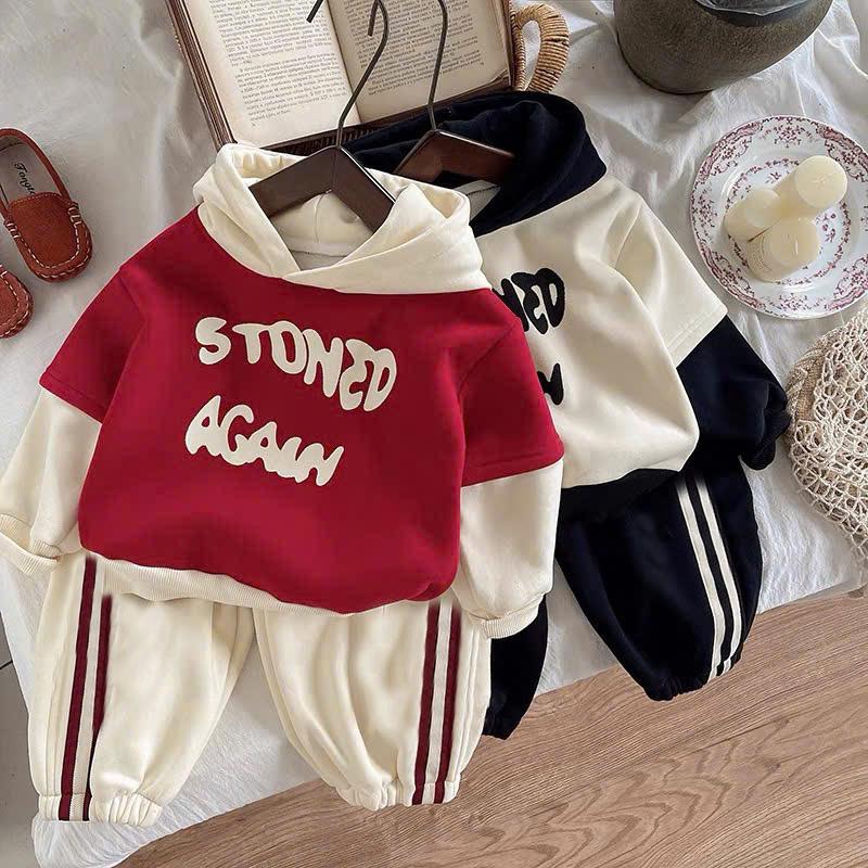Set Bộ Hoodie vải nỉ có mũ cho bé trai bé gái Hàng mới về Phong cách Hàn Quốc in chữ STONED AGAIN size 8-19 kg Sandal quần áo 2 tuổi