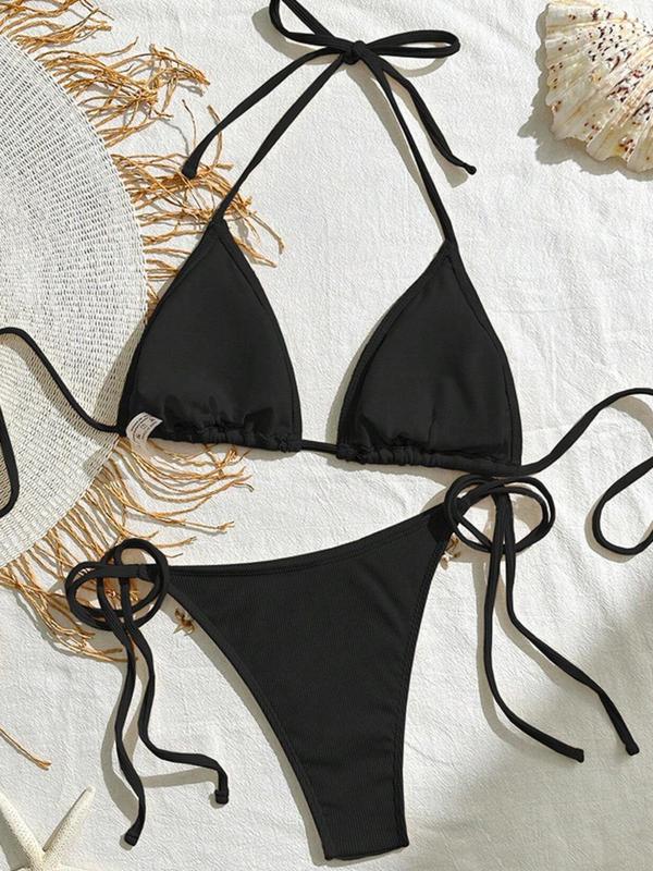 Women's Solid Color Starfish & Conch Decor Halter Triangle Bikini Set, High Stretch Casual Fashion Tie Back Backless Swim Top & Tie Side Swim Bottom, Ladies Swimsuit for Beach Holiday Vacation 7