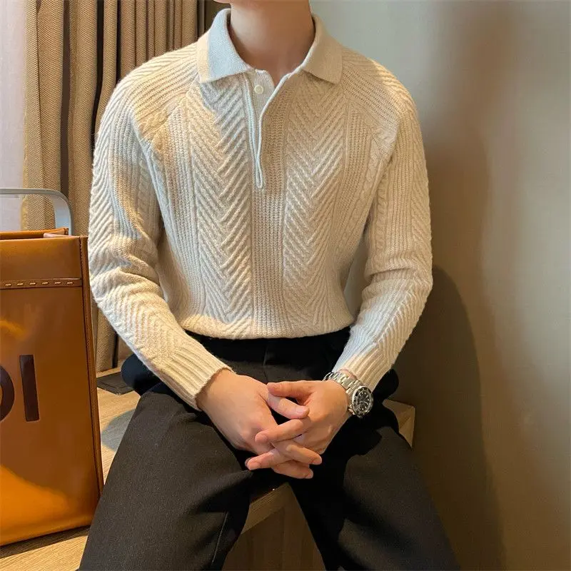 Áo Len Polo Có Ve Áo, Phong Cách Nhật Bản Cổ Điển Tối Giản, Họa Tiết Jacquard, Dành Cho Nam Giới, Thích Hợp Cho Mùa Thu Và Mùa Đông, Thường Ngày, Màu Trơn Áo Len Chui Đầu 0