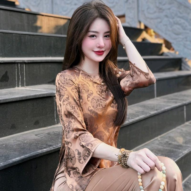 [Diệu Mai] Tằm CÚC KẾT Voi Dress - Set đầm nữ thanh lịch đi lễ chùa trang nghiêm - Áo và quần - 6 màu Top Sen 3
