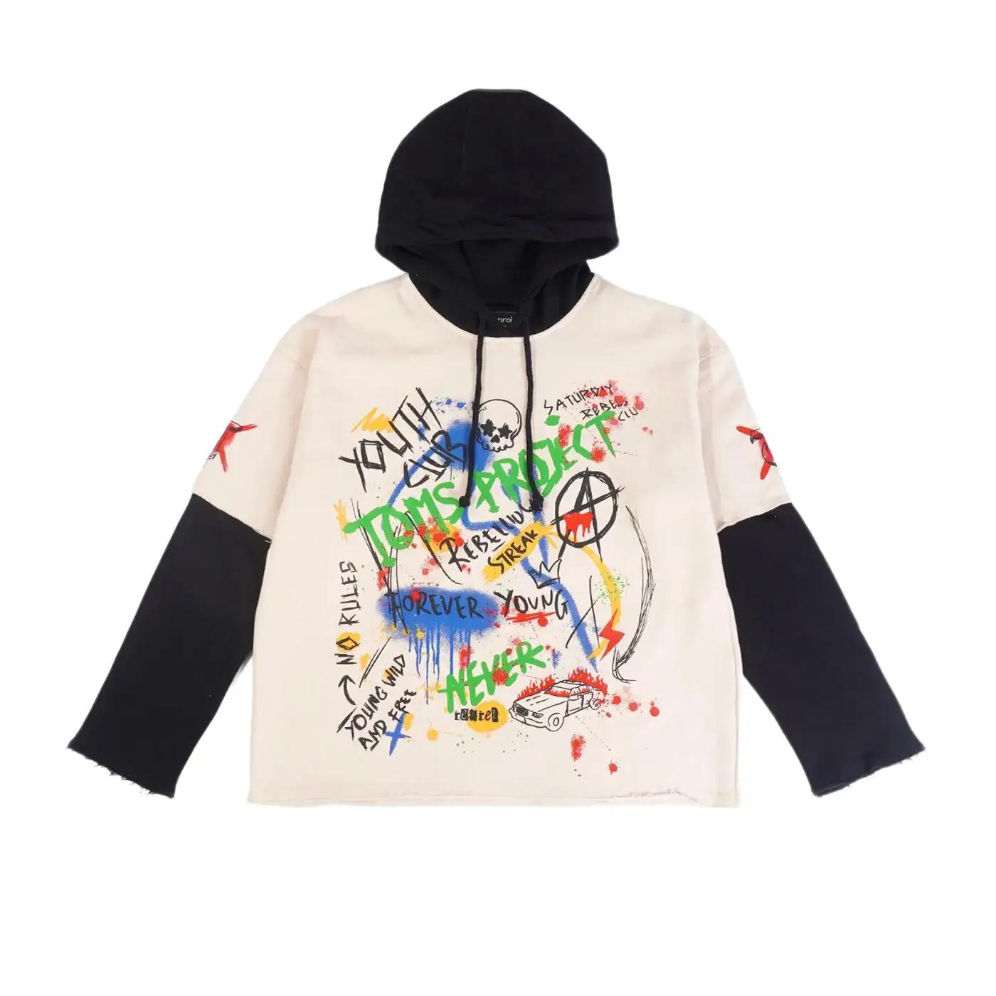 Toms Project Hoodie Doublesleeve Meralia Khaki Black - Hoodie Pria Fleece Unisex Panjang Sweater Jumper Tangan