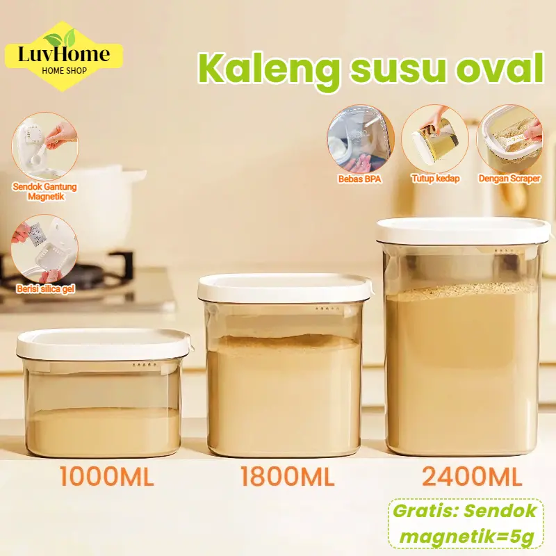 LuvHome Kaleng Susu Oval/Tempat susu Formula Bayi 2400ml=1KG Tutup Magnetik Sendok & Penggaruk Magnet 5g Praktis & Higienis