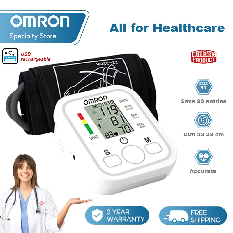【5 Years Warranty】Omron High Precision Digital Blood Pressure Original Arm Style Electronic Device USB Cable or Battery Monitor