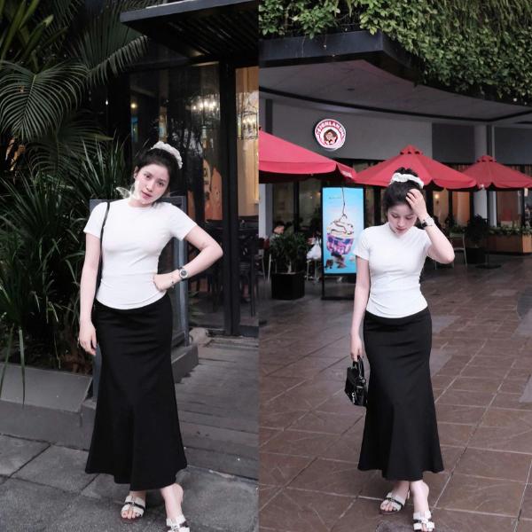 Sét Áo Váy Cotton Zip Trắng Phối Chân Váy Đuôi Cá Màu Đen Hack Dáng Free Size < 58 Kg 4