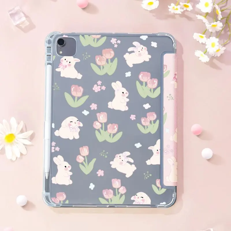 Cute Rabbit & Flower Pattern Tablet Case, Tri-fold Stand Tablet Protective Cover, Soft TPU Tablet Protector for iPad 3