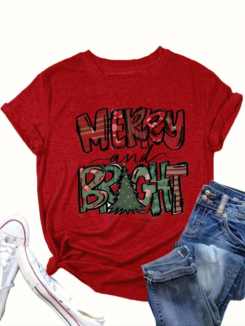 Product Introduction of 【Plus Size】 Cartoon Christmas Tree & Letter Print Round Neck Tee, Casual Short Sleeve Crew Neck T-Shirt for Summer, Women's Clothing for Daily Wear 4