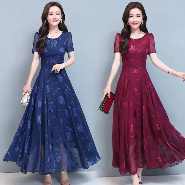 Women's Short-Sleeved Printed Dress, Korean Style Temperament Waist-Controlled Large Swing Floral Dress, New Summer 2024