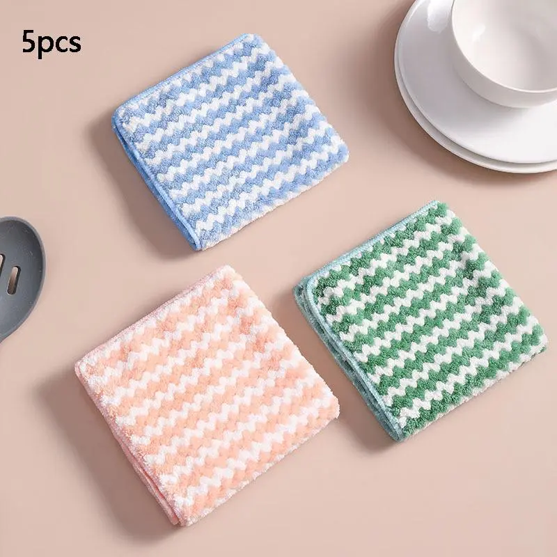 Double-sided Dishcloth (5pcs), Random Color Absorbent Kitchen Rag, Striped Cleaning Cloth, Cleaning Products, Suitable for Kitchen, Bathroom, Hotel, School, Company