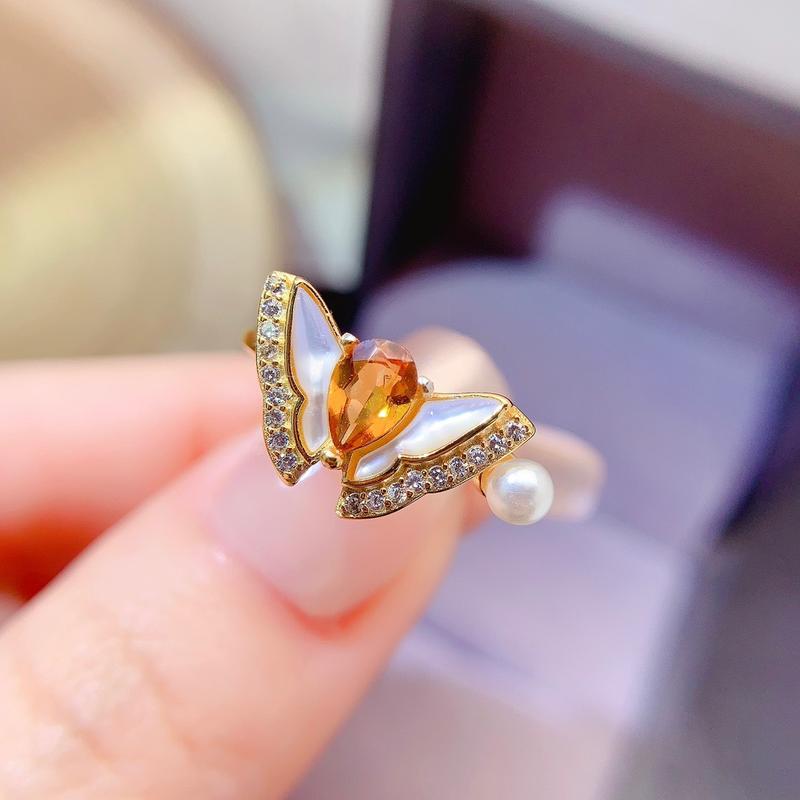 Natural Gemstone - Birthstone - Promotion - S925 Silver Natural Citrine Fashion Fritillary Butterfly Drop 4 * 6mm Ring - (Wedding, Friend, Couple Gift) 1