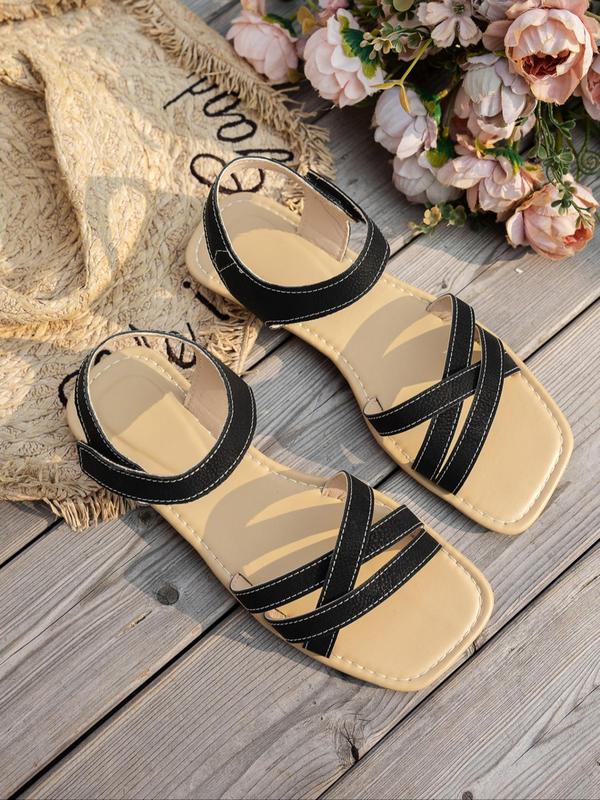 Women's Fashionable Plain Color Crossed Band Sandals, Casual Boho Style Square Toe Sandals for Beach Vacation, Lightweight Breathable Comfortable Shoes for Daily Wear, Summer 3
