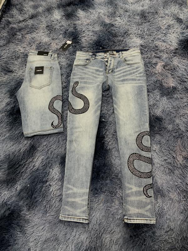 [Ảnh tự chụp] Quần Jeans Nam Amiri [ Chân thêu rắn ] Thêu Rắn 2 Mặt LikeAu Menswear Pants Màu Xanh Nhạt