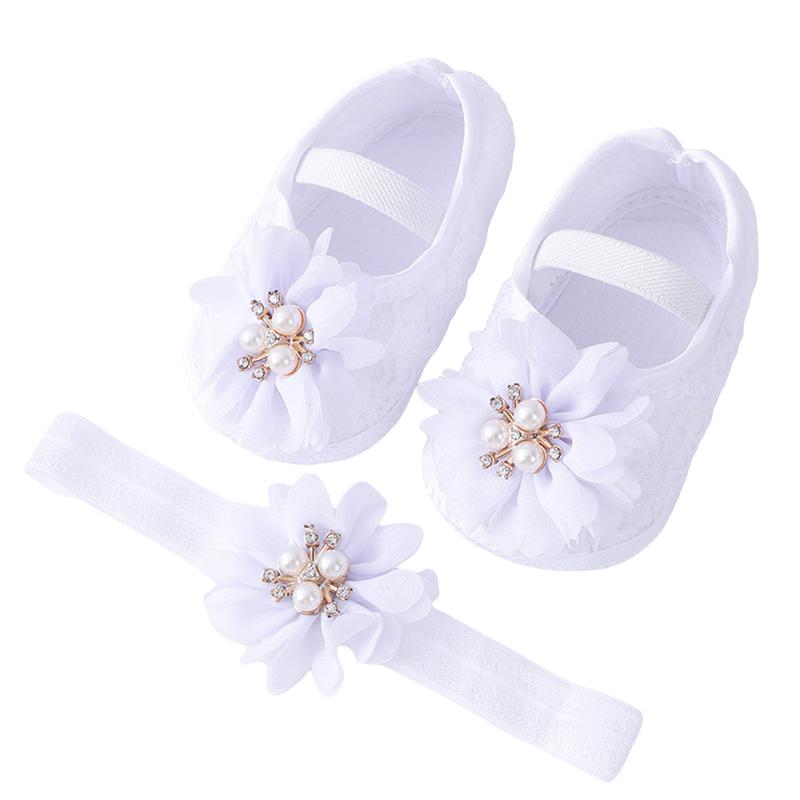 Baby Girls Flats and Headband Soft Sole Non-slip Pearl Flower Princess Wedding Dress Walking Shoes for Newborn 0