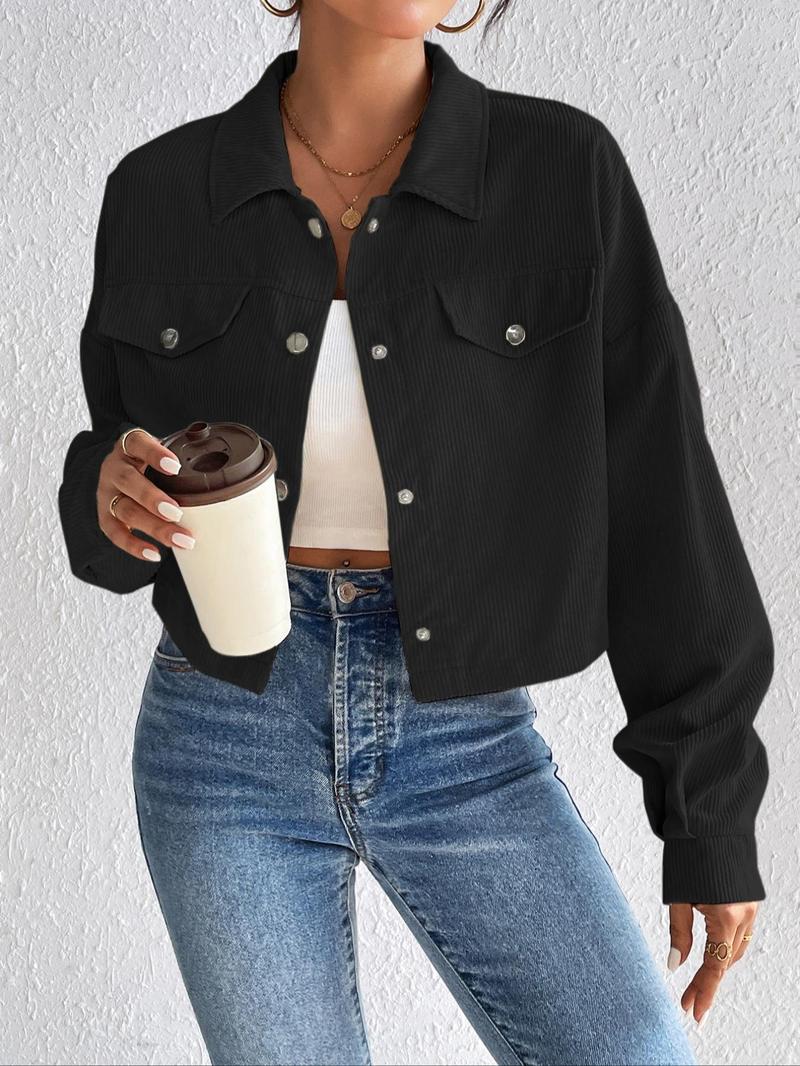 Product Introduction of [2025]Women's Plain Button Front Collared Long Sleeve Jacket, Y2k Clothes, Casual Drop Shoulder Pocket Corduroy Jacket, Shacket Coat for Fall & Winter, Jacket for Women Back To School, Holiday Outfits, Coats for Women, School Essentials 2