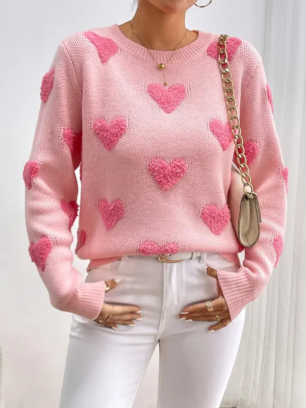 Women's Minimalist Heart Print Drop Shoulder Crewneck Sweater Tops, Basic Casual Long Sleeve Round Neck Knitting Jumper for Fall & Winter, Valentine's Day Gift, Womenswear 5