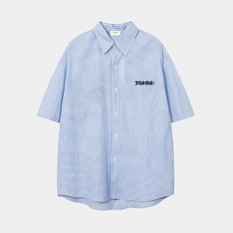 Áo Sơ Mi Tay Ngắn Kẻ Sọc Teelab Graffiti Unisex Form Oversize Local Brand màu Xanh SS049