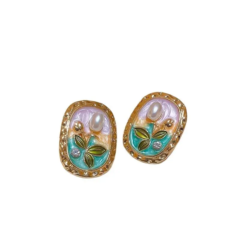 French Fashion Flowers Inlaid Rhinestone Imitation Pearl Stud For Women Party Wedding Earrings Jewelry