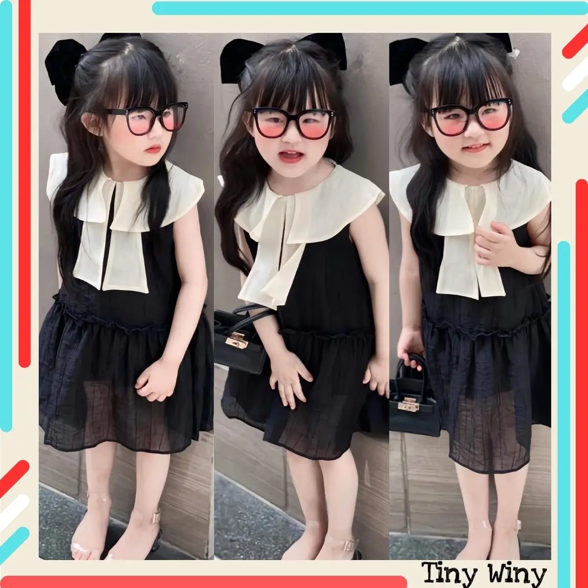 V46 - Váy Tơ Đen phối Cổ Tròn cho Mẹ và Bé - TinyWiny Áo Váy Thời Trang Nữ