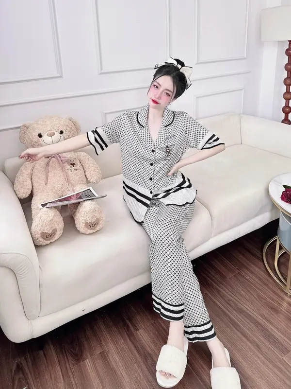 Bộ Đồ Pijama Nữ Mặc Nhà Dáng Suông Tay ngắn line lượn sóng Vải Lụa Xước Hàn Thoáng mát 5