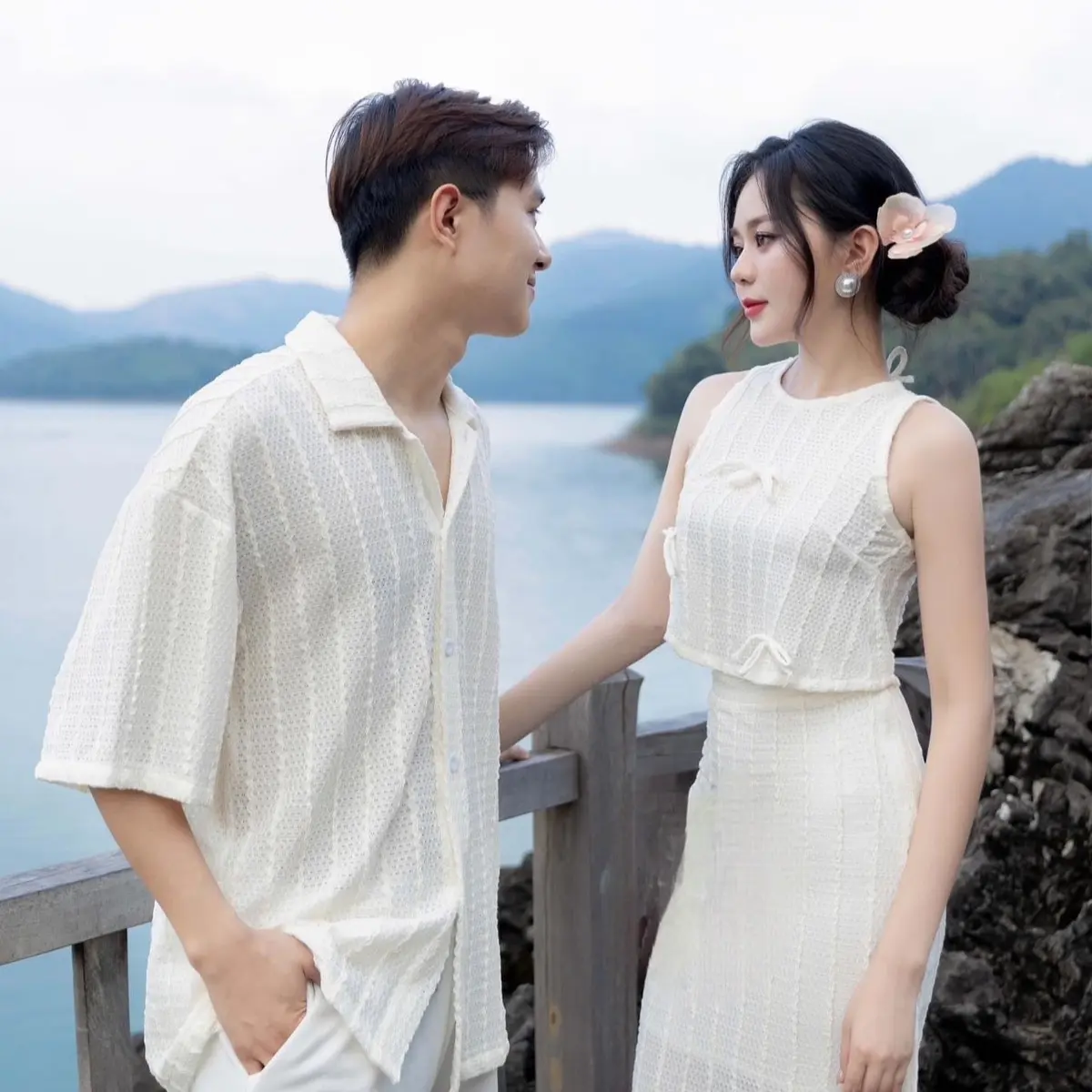 (nam max 93kg) Set đôi đi biển áo nữ + chân váy và áo nam thun lưới - FOREVER COUPLE
