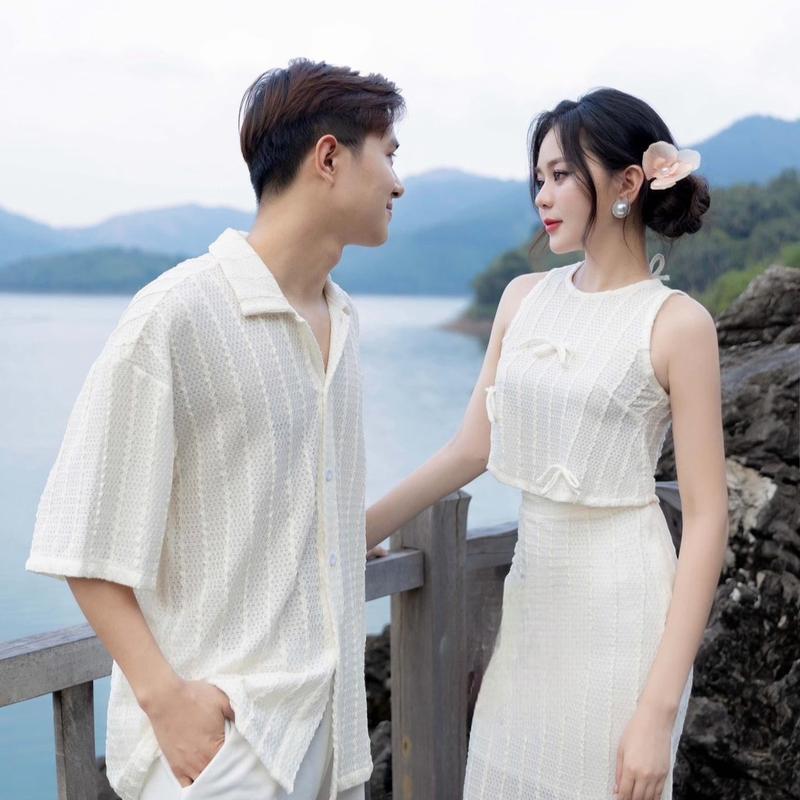 Set đôi đi biển áo nữ + chân váy và áo nam thun lưới - FOREVER COUPLE