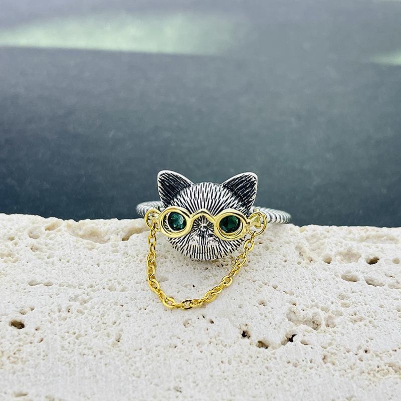 925 Sterling Silver Doctor Cat Ring with 18K Gold Plated Glasses2